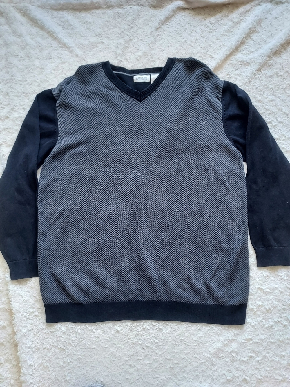 Claiborne V-Neck Cotton Sweater in Black and Gray Herringbone XXL Office Fall